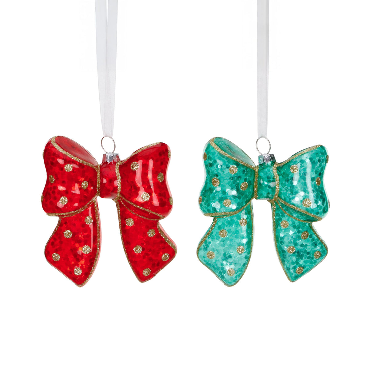 Set 2 ornamente fundițe cu buline, din sticlă cu sclipici, roșu/verde/auriu, 10 cm