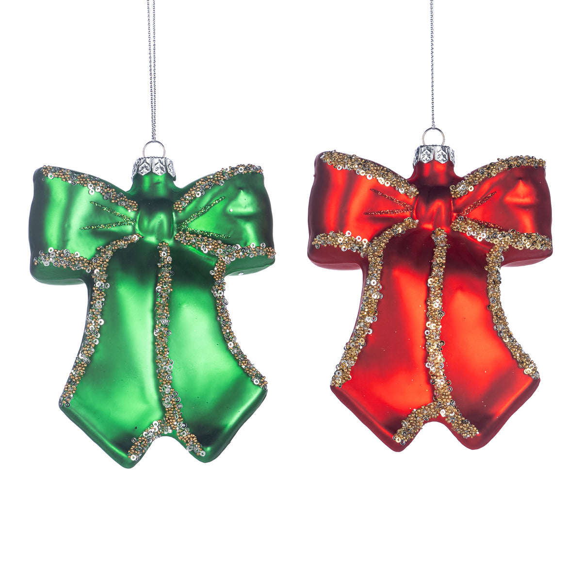 Set 2 ornamente fundițe din sticlă cu paiete, roșu/verde/auriu, 10 cm