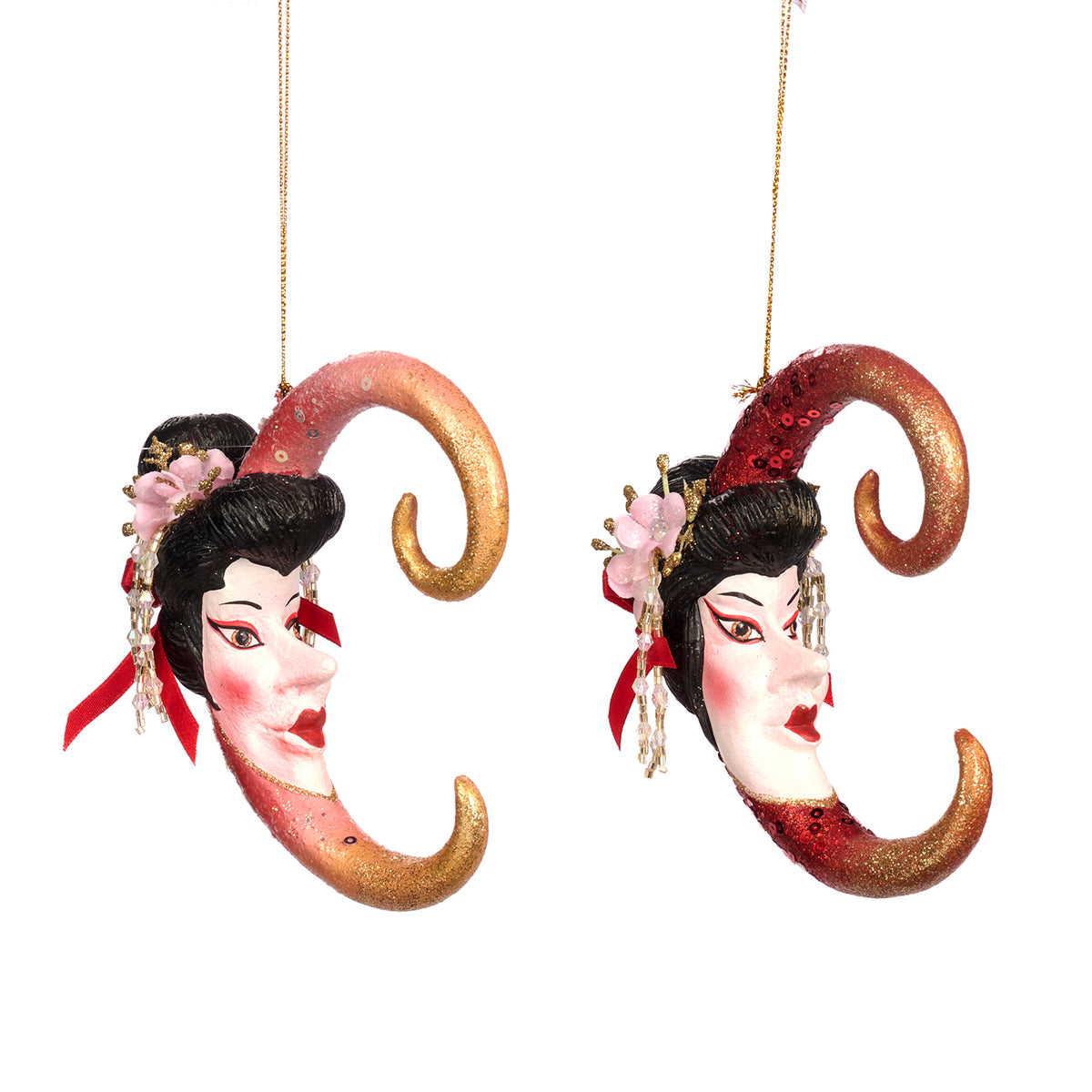 Set 2 ornamente gheișă pe lună, roșu/negru, 13 cm