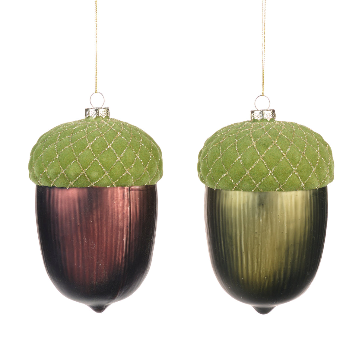 Set 2 ornamente ghinde înzăpezite din sticlă, verde/maro, 17 cm