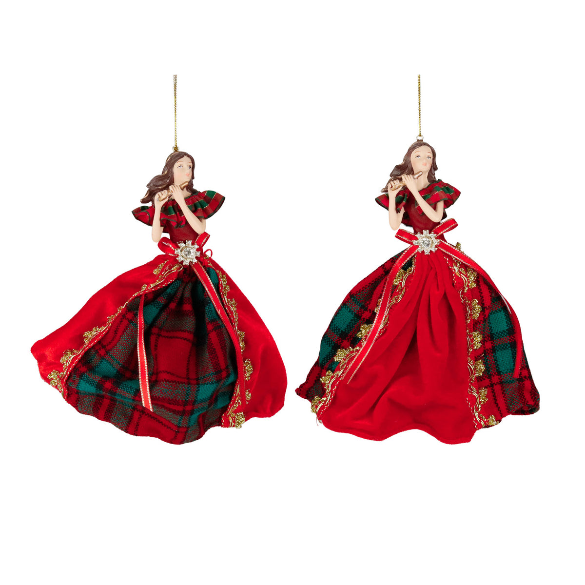 Set 2 ornamente îngeri muzicanți din textil tartan, roșu/verde, 23 cm