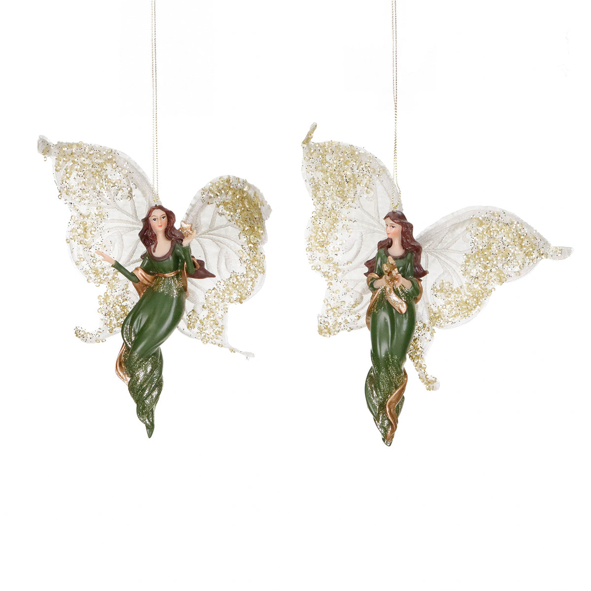 Set 2 ornamente îngeri-zâne cu aripi de fluture, Art Nouveau, verde, 18,5 cm