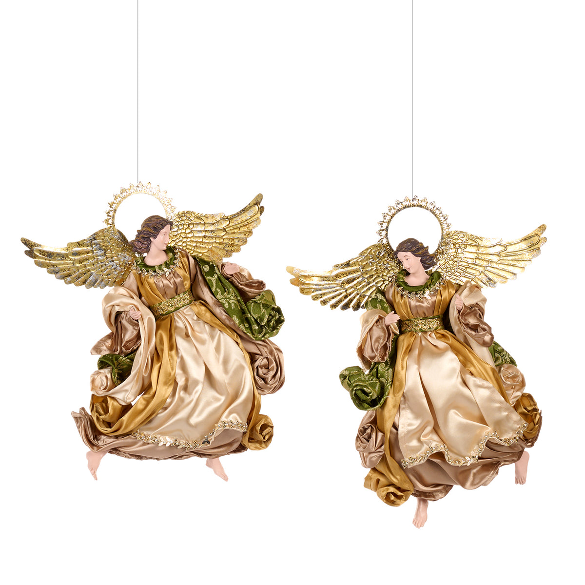 Set 2 ornamente îngeri zburători din textil și metal, auriu/verde, 39 cm