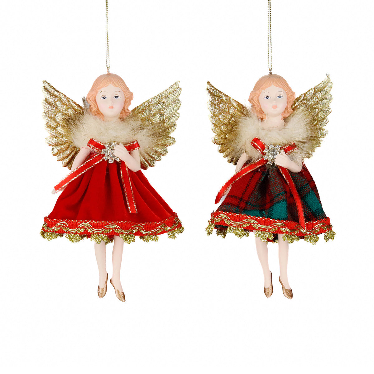 Set 2 ornamente îngeri zburători din textil tartan, roșu/auriu, 18 cm