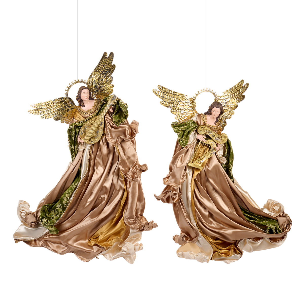 Set 2 ornamente îngeri zburători muzicali din textil și metal, auriu/verde, 66 cm