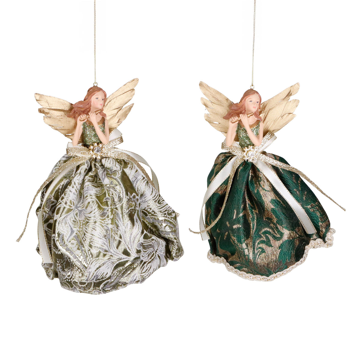 Set 2 ornamente îngeri zburători muzicali din textil, verde/auriu, 23 cm