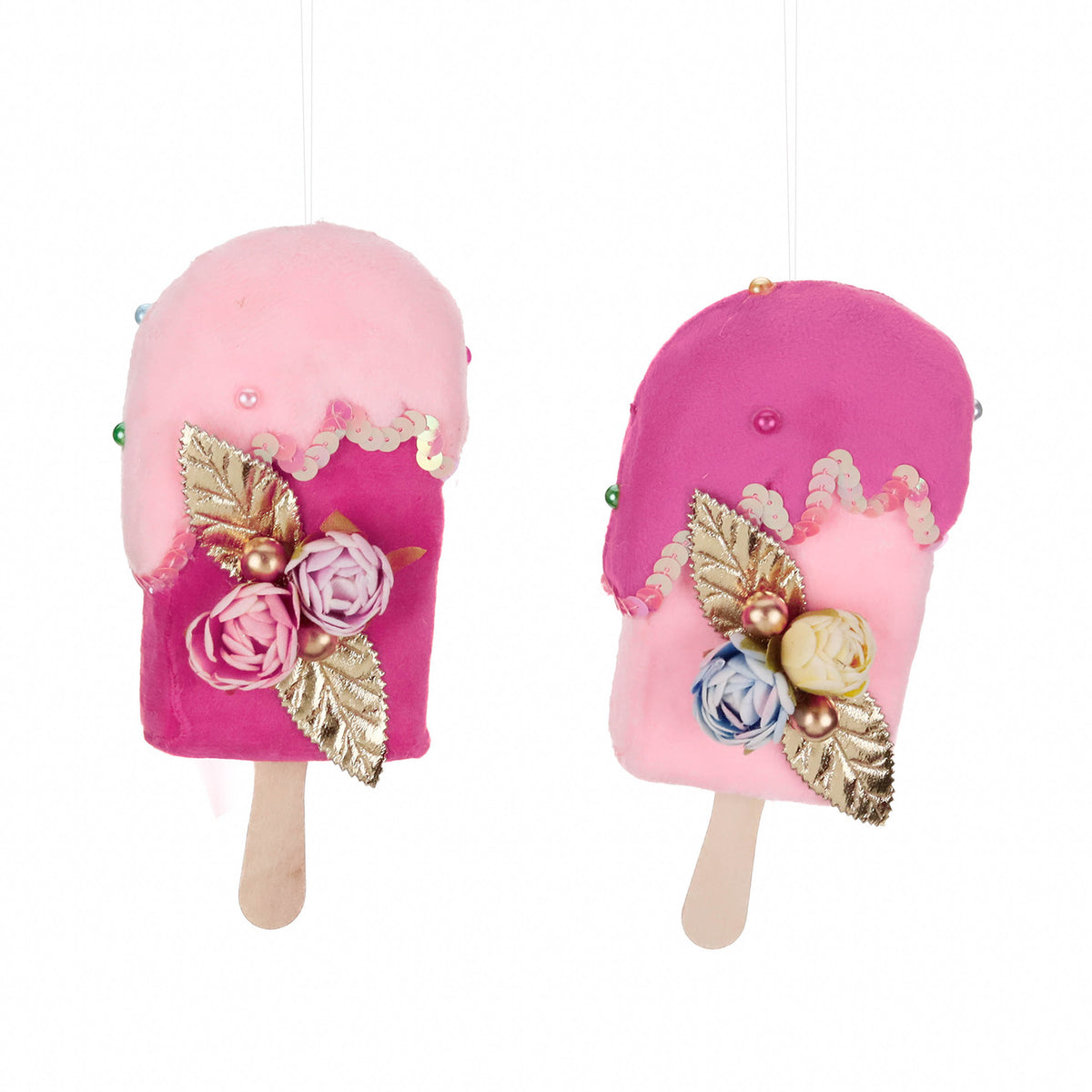 Set 2 ornamente înghețată florală din textil, roz, 16 cm