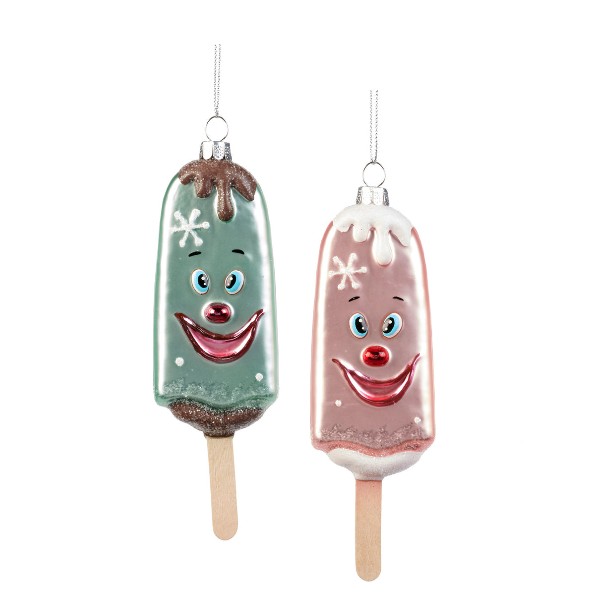 Set 2 ornamente înghețată pe băț zâmbitoare din sticlă, roz/albastru, 13,5 cm