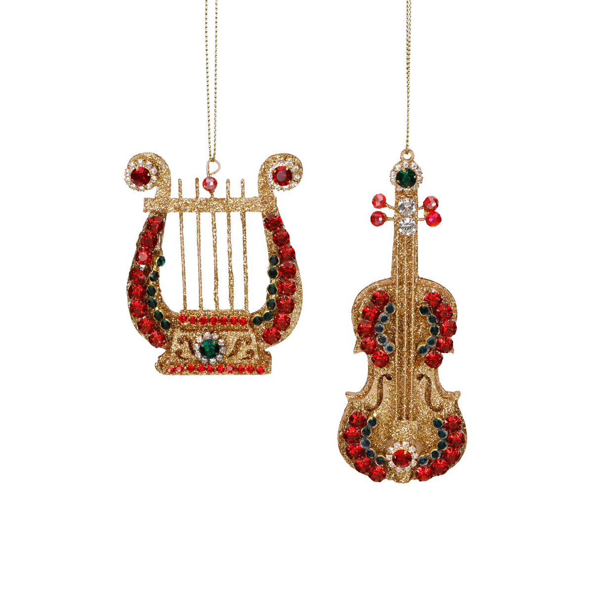 Set 2 ornamente instrumente muzicale cu sclipici și pietre, auriu/roșu, 12 cm