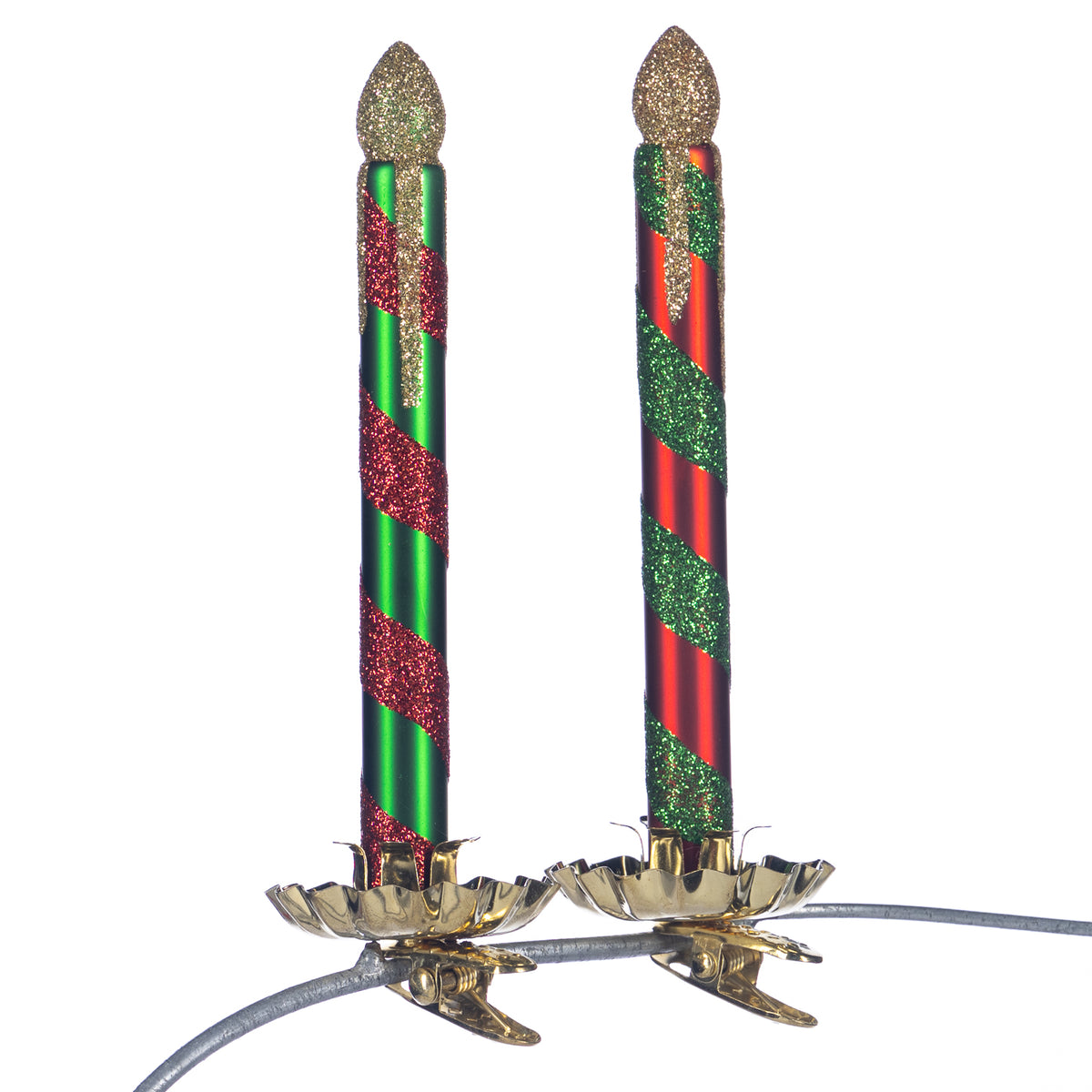 Set 2 ornamente lumânări cu dungi și sclipici, din sticlă, pe clemă, roșu, 12 cm