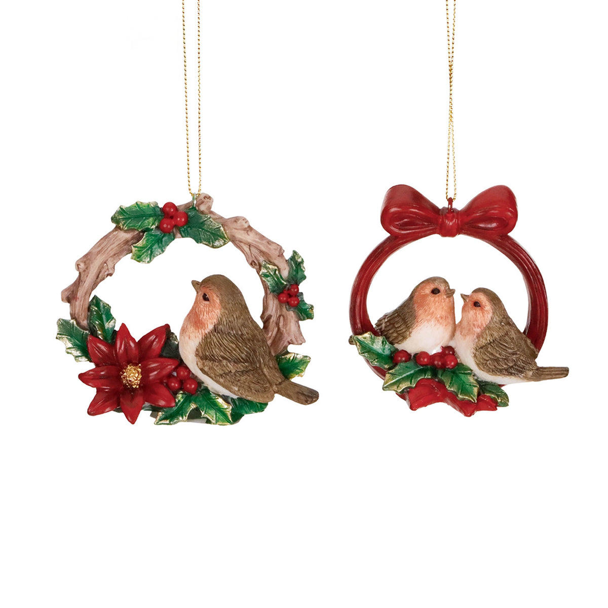 Set 2 ornamente măcăleandri în coroniță de Crăciun, maro/roșu, 7 cm