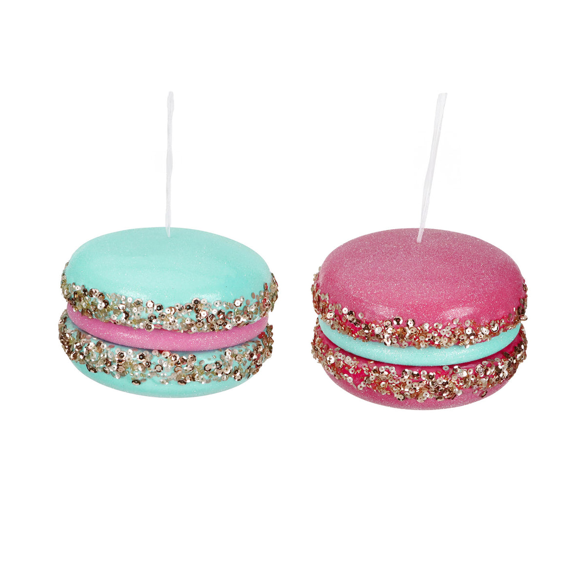 Set 2 ornamente macarons cu paiete și sclipici, roz, 16,5 cm