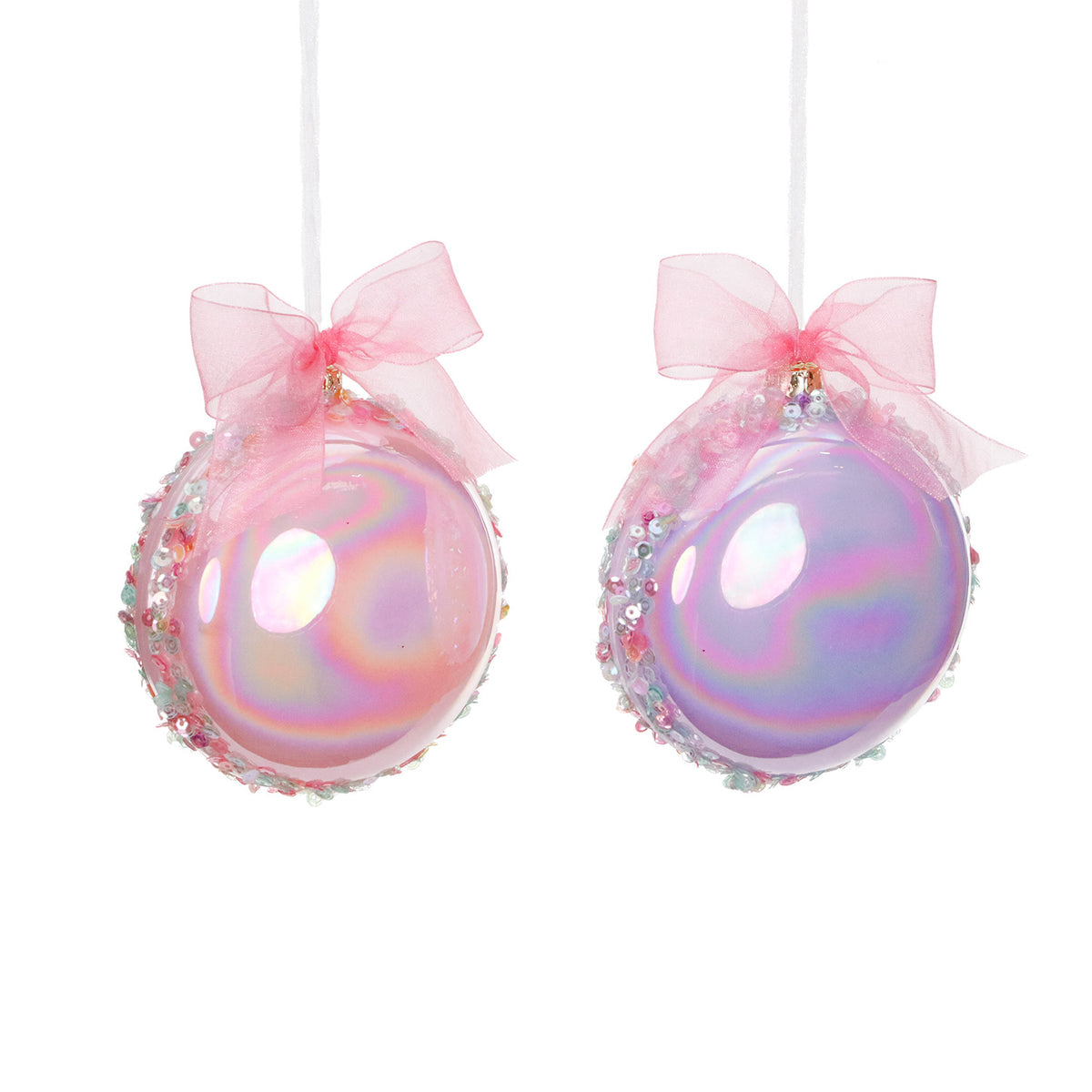 Set 2 ornamente macarons irizate din sticlă, cu fundă, roz/mov, 12,5 cm