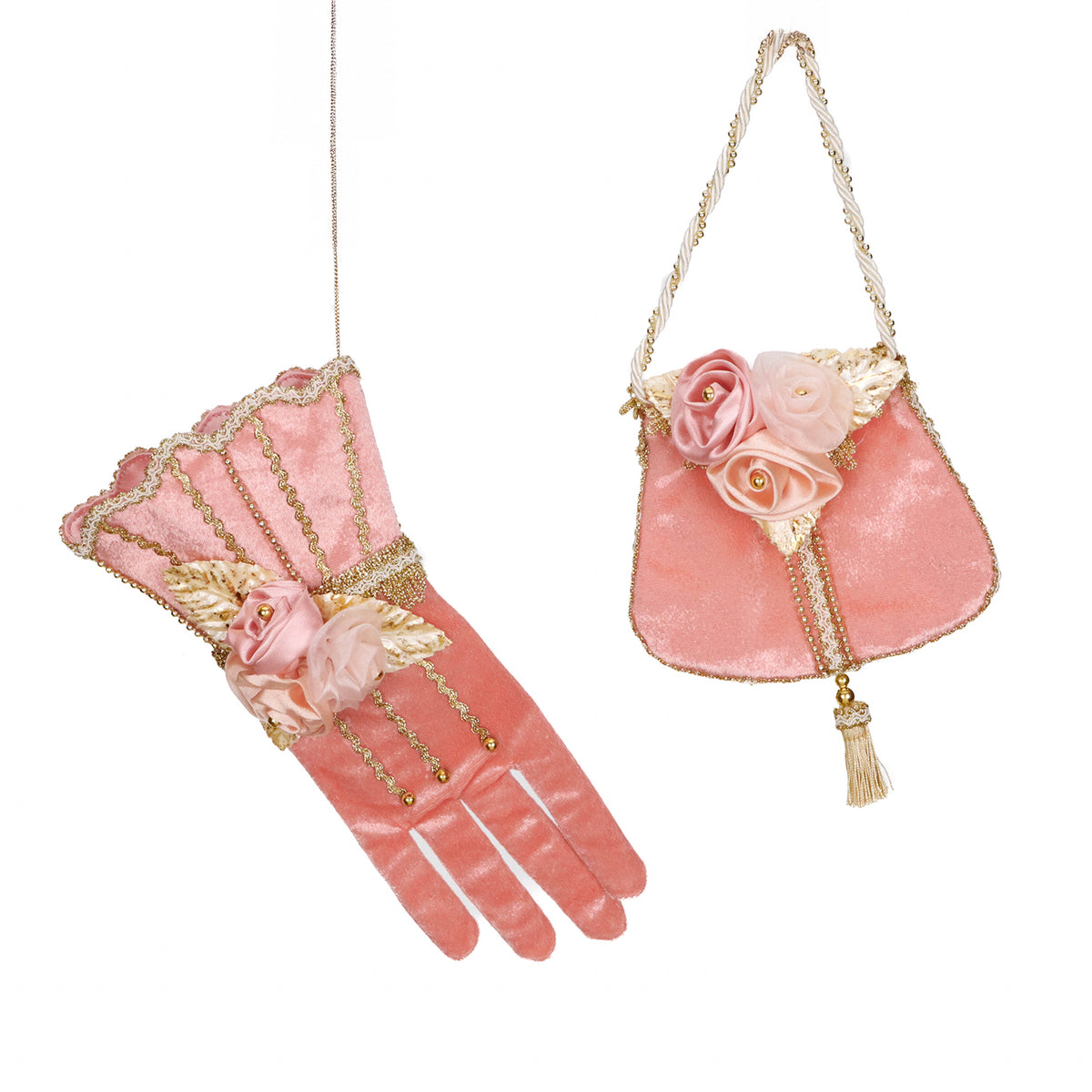 Set 2 ornamente mănușă și poșetă cu flori din textil, roz/auriu, 28 cm