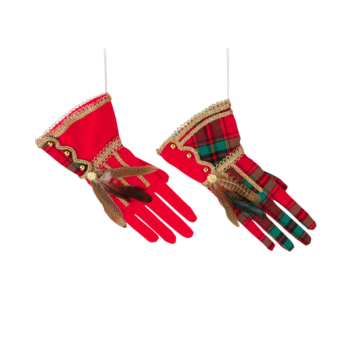 Set 2 ornamente mănuși din textil tartan, roșu/verde, 27 cm