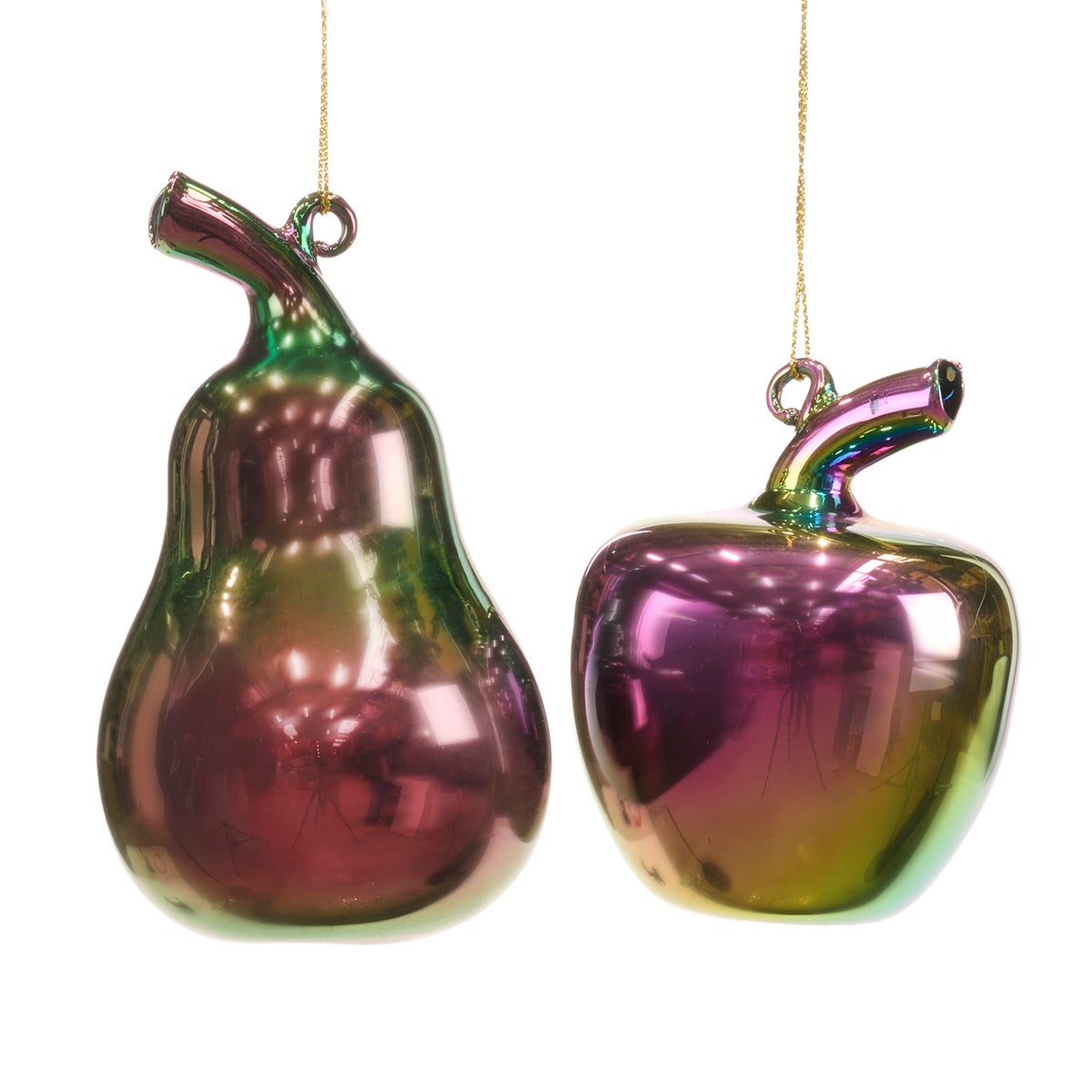 Set 2 ornamente măr și pară din sticlă cu efect de ulei, verde/multicolor, 12 cm