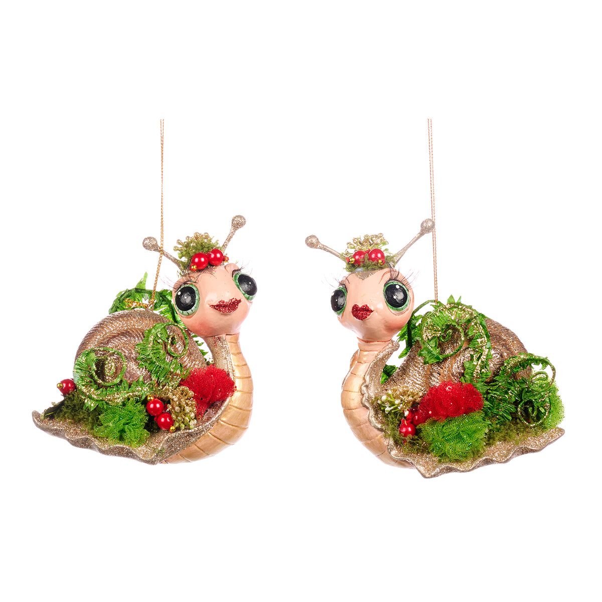 Set 2 ornamente melci cu ferigă, maro/verde, 11 cm