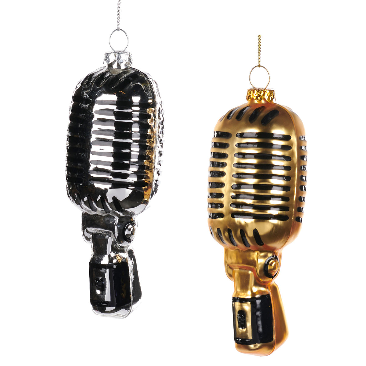 Set 2 ornamente microfon din sticlă, auriu/argintiu, 14 cm