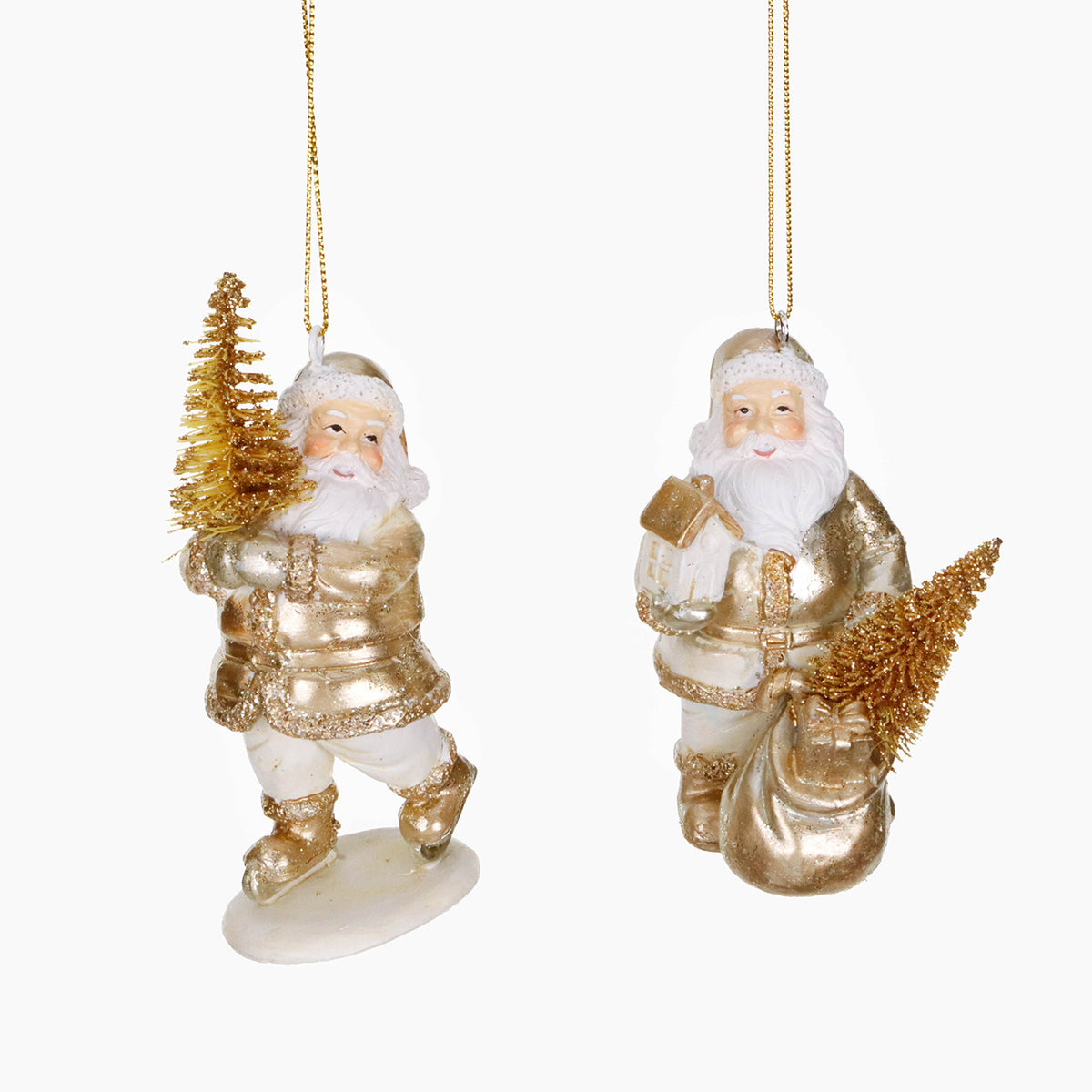 Set 2 ornamente Moș Crăciun cu brad din sisal, crem/șampanie/auriu, 8 cm
