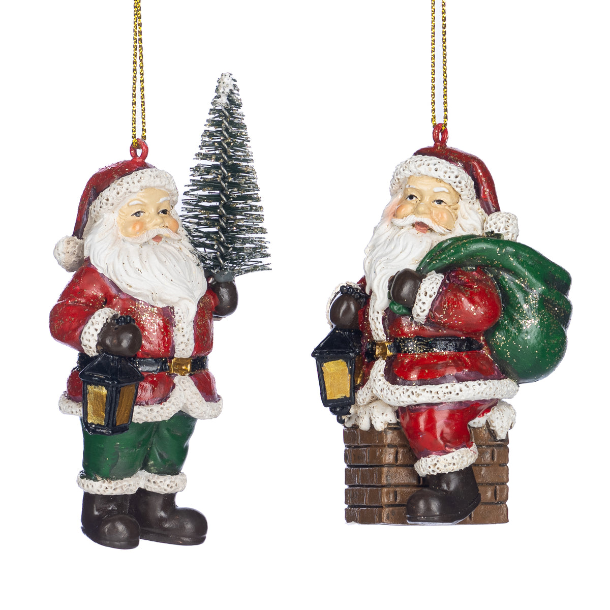 Set 2 ornamente Moș Crăciun cu brad și sac, roșu/verde, 8 cm
