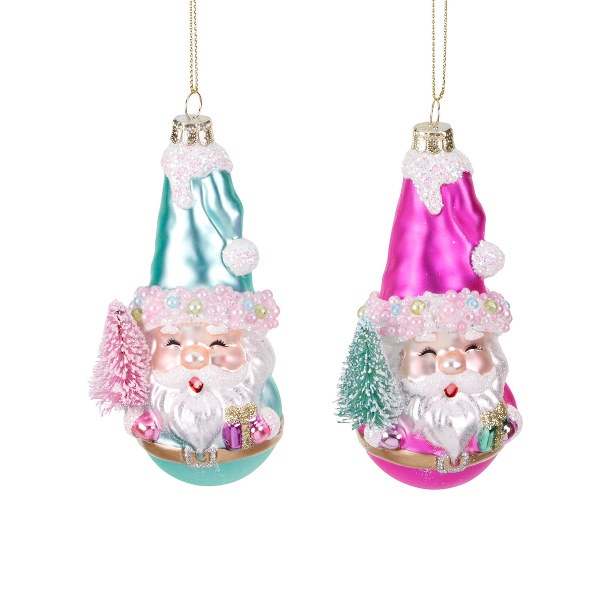 Set 2 ornamente Moș Crăciun cu brăduț din sisal, din sticlă, roz/albastru, 14,5 cm