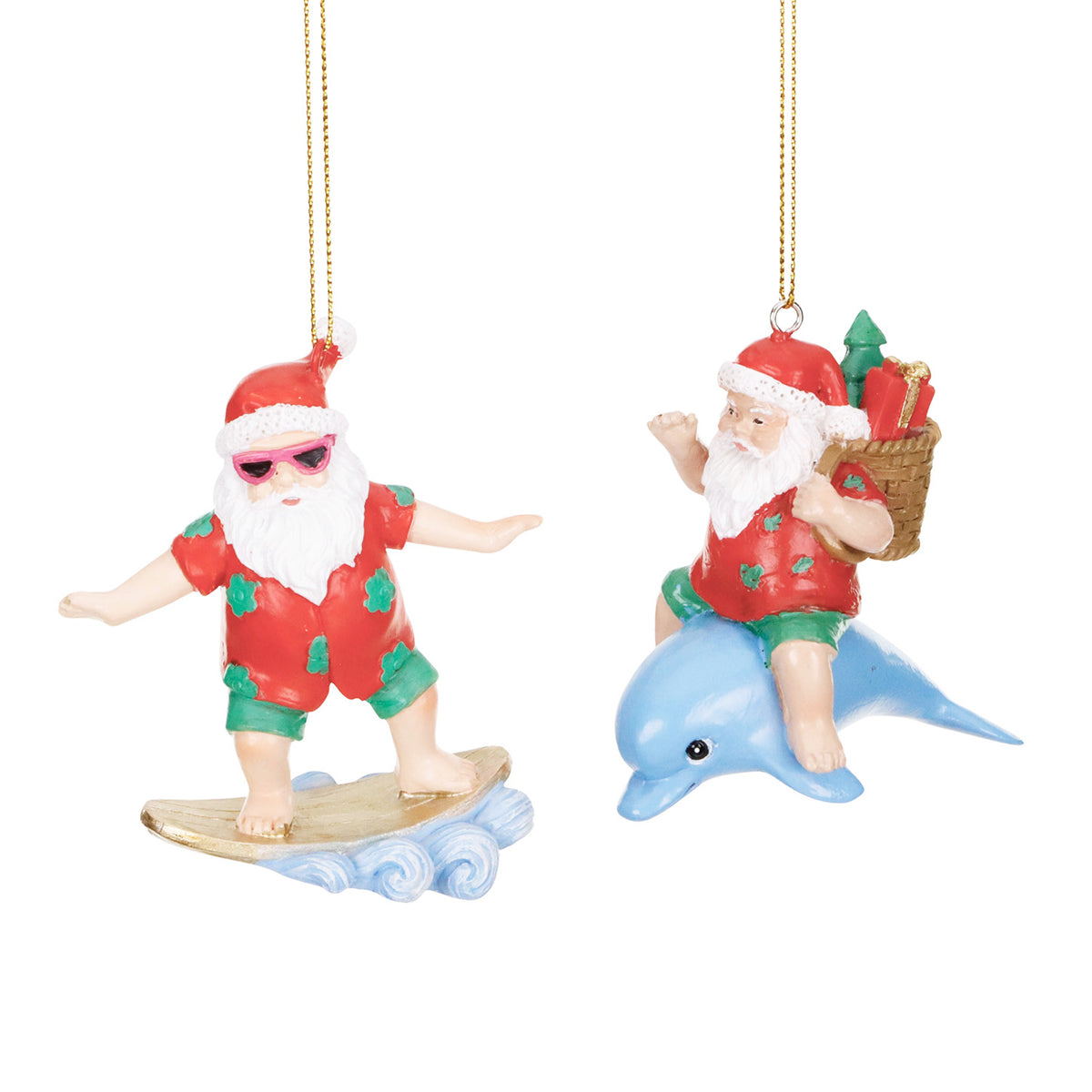 Set 2 ornamente Moș Crăciun cu delfin și cu placă de surf, roșu/albastru, 8 cm