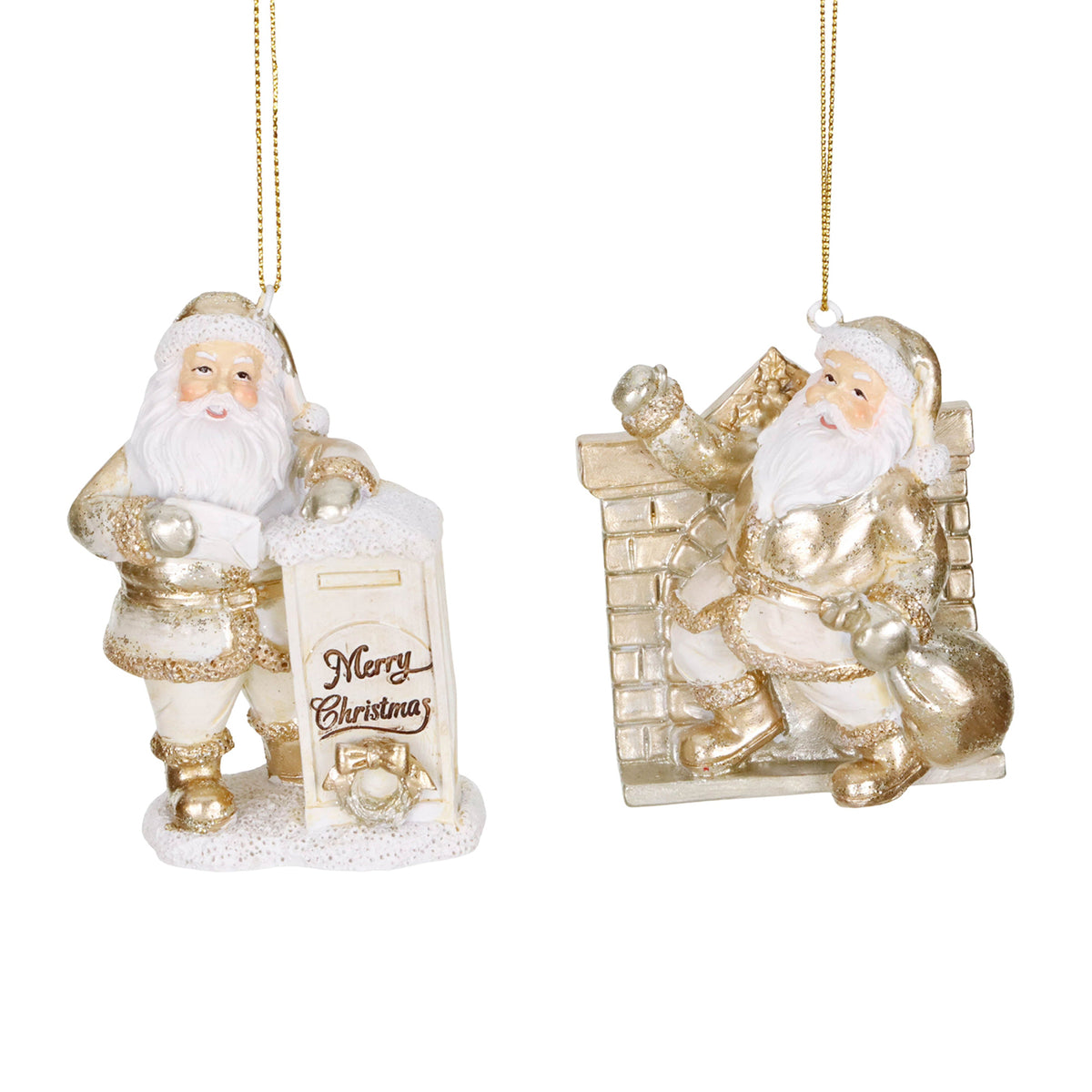 Set 2 ornamente Moș Crăciun cu scrisori și horn, crem/auriu, 8,5 cm