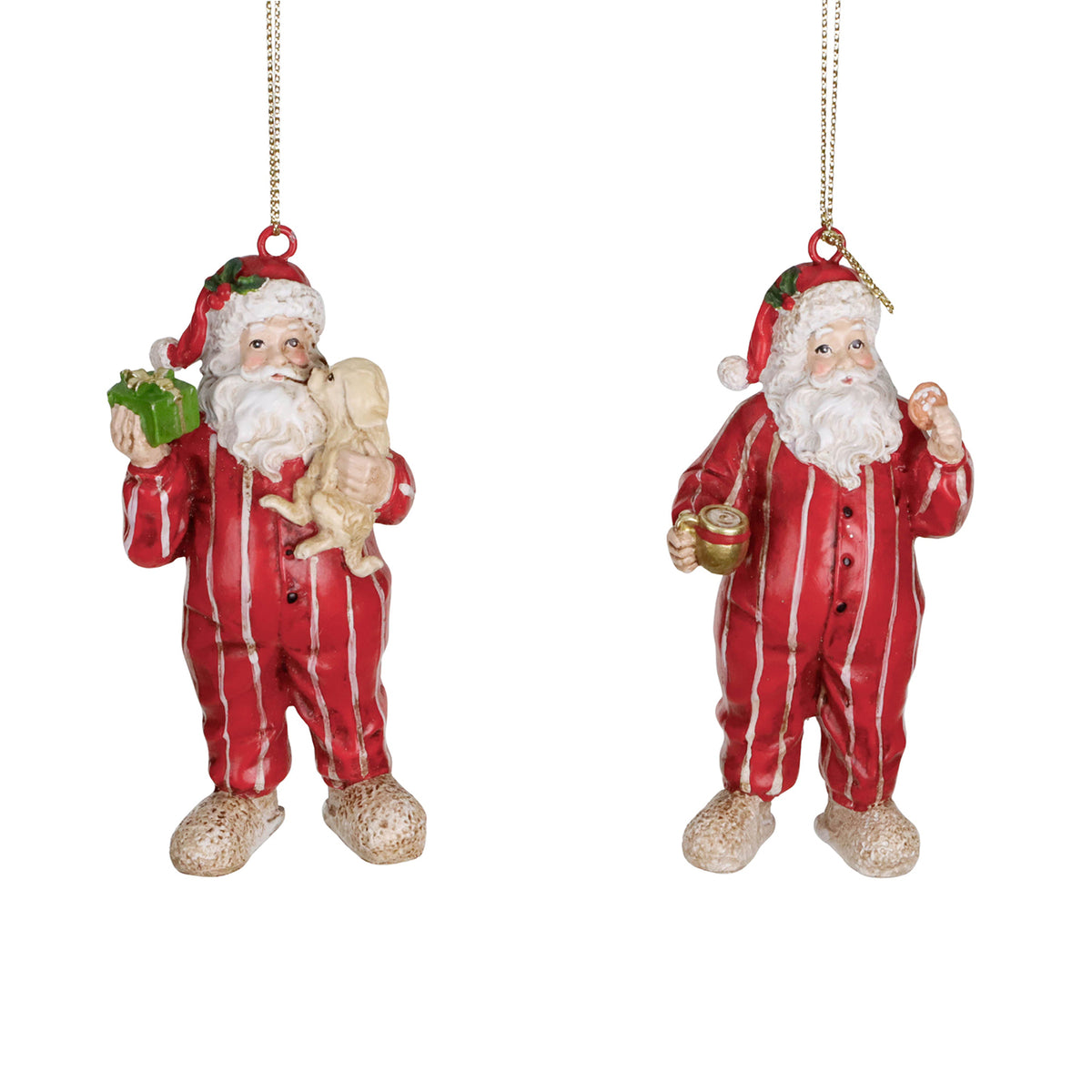 Set 2 ornamente Moș Crăciun în pijama, la culcare, roșu/alb, 10 cm