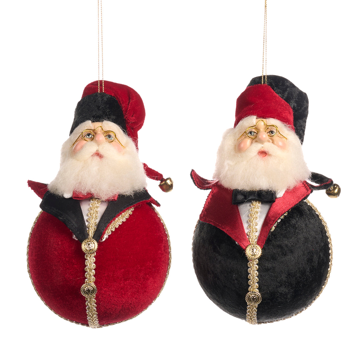 Set 2 ornamente Moș Crăciun în smoching, pe glob, roșu/negru, 10 cm