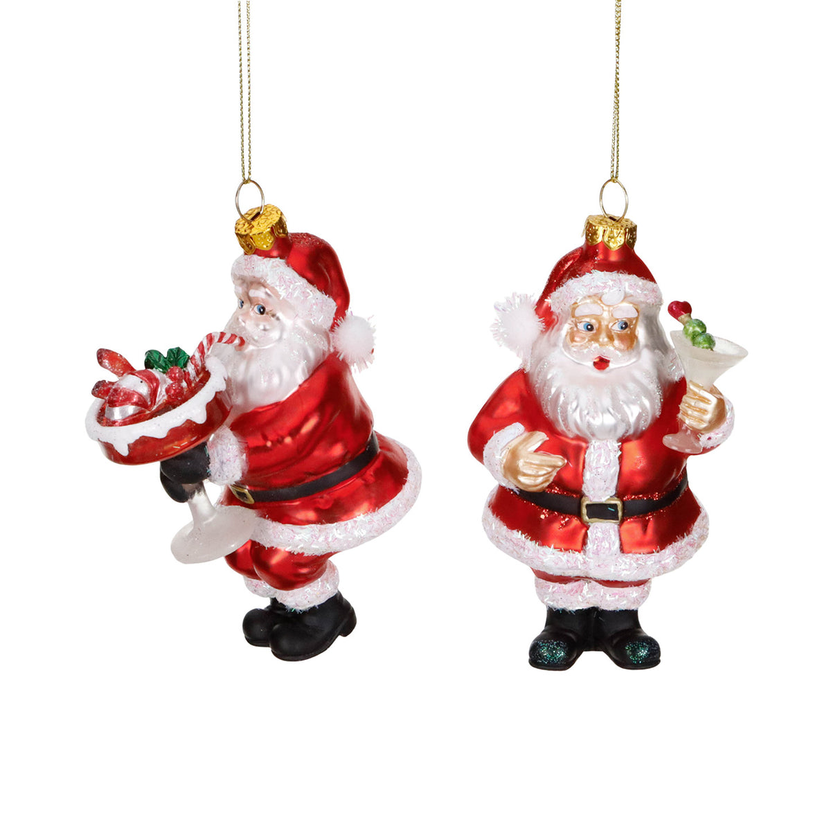 Set 2 ornamente Moș Crăciun la ora cocktailului, din sticlă, roșu/alb, 11,5 cm