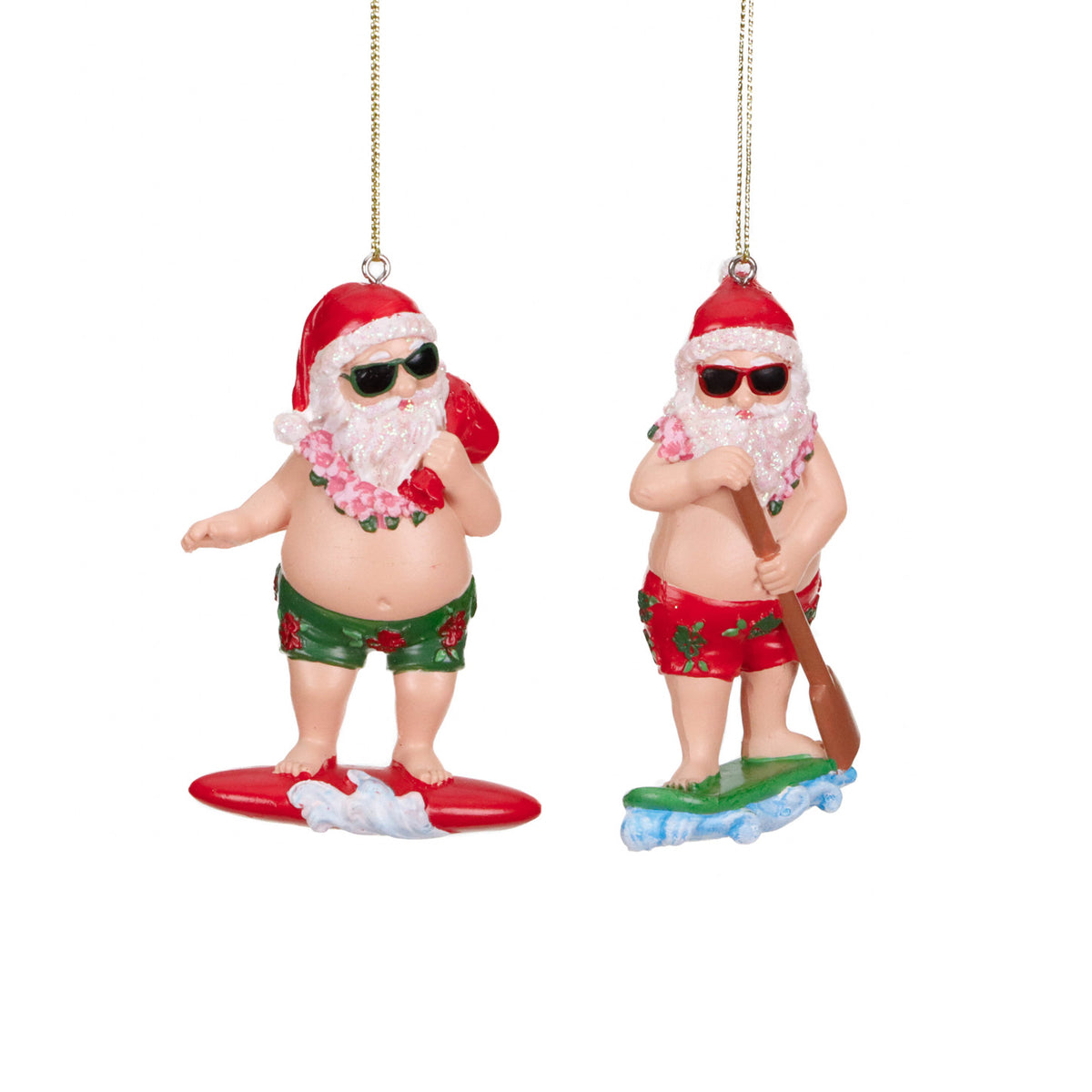 Set 2 ornamente Moș Crăciun pe plajă, la paddleboard și la surf, roșu/verde, 9 cm