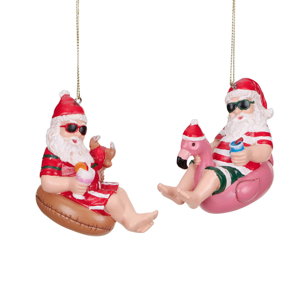 Set 2 ornamente Moș Crăciun pe plajă, pe colac, roșu/alb/roz, 7,5 cm