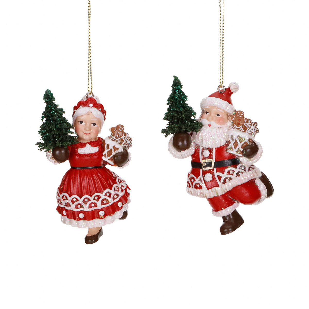 Set 2 ornamente Moș Crăciun și Crăciunița cu brad, roșu/alb/verde, 9 cm