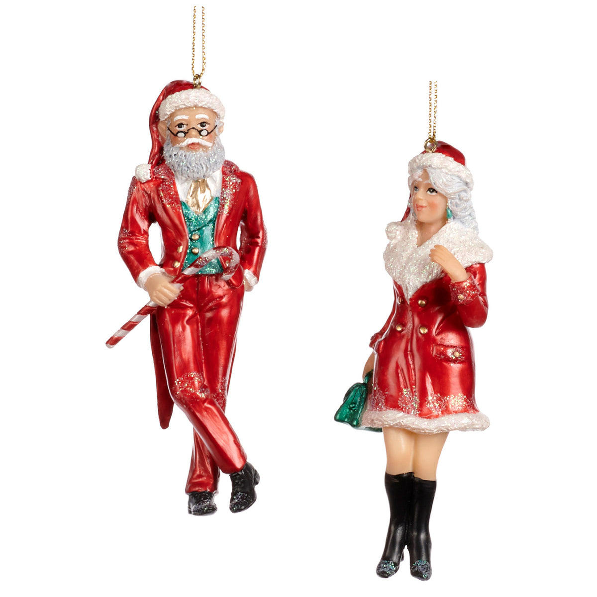Set 2 ornamente Moș Crăciun și Crăciunița, în stil modern, roșu, 11,5 cm
