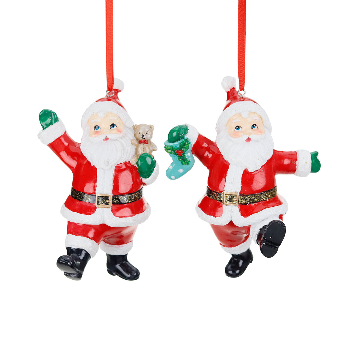 Set 2 ornamente Moș Crăciun, unul cu șosetă și unul cu ursuleț, roșu, 13,5 cm