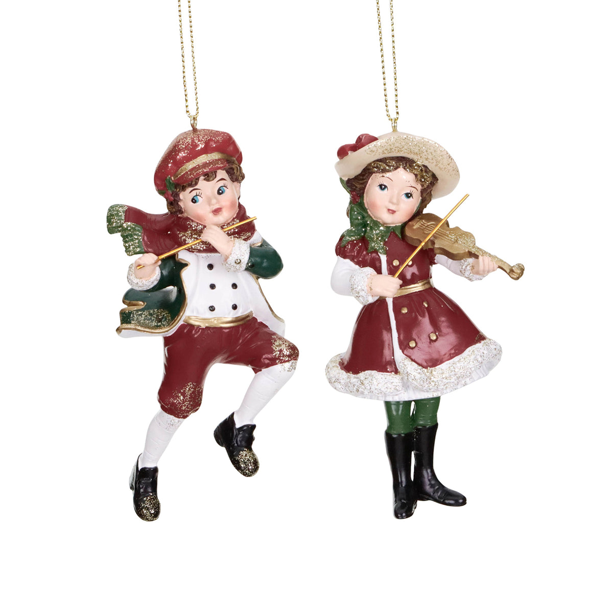 Set 2 ornamente muzicale cu colindători băiat și fată, burgund/verde, 12 cm