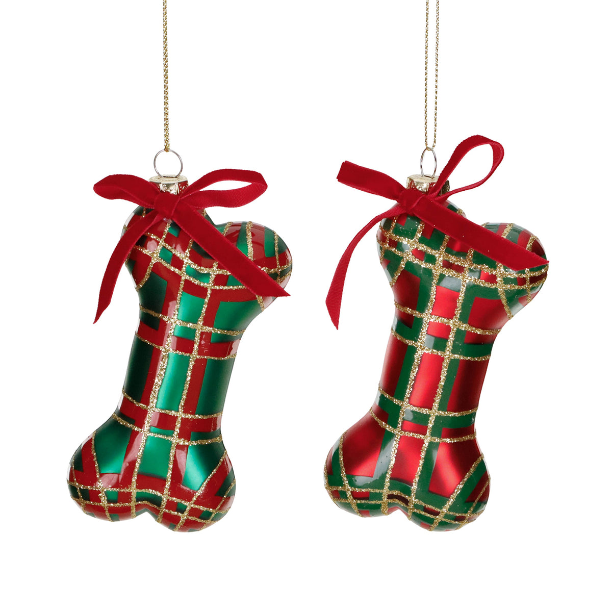 Set 2 ornamente oase de câine cu fundă, din sticlă, model tartan, roșu/verde, 10 cm
