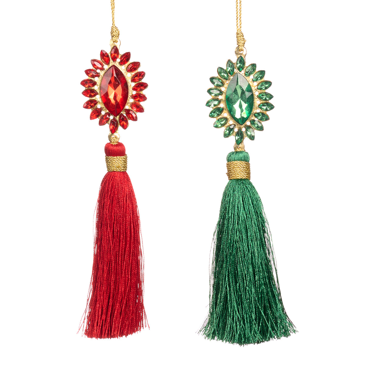 Set 2 ornamente ovale cu ciucure și pietre, din metal, roșu/verde, 16,5 cm