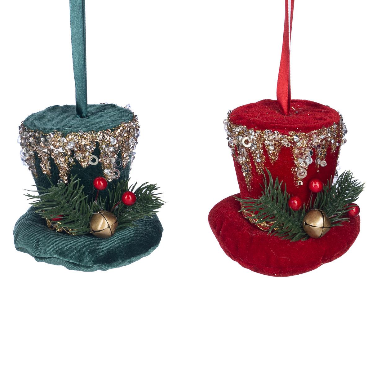 Set 2 ornamente pălării de Crăciun din textil, verde/roșu/auriu, 11,5 cm