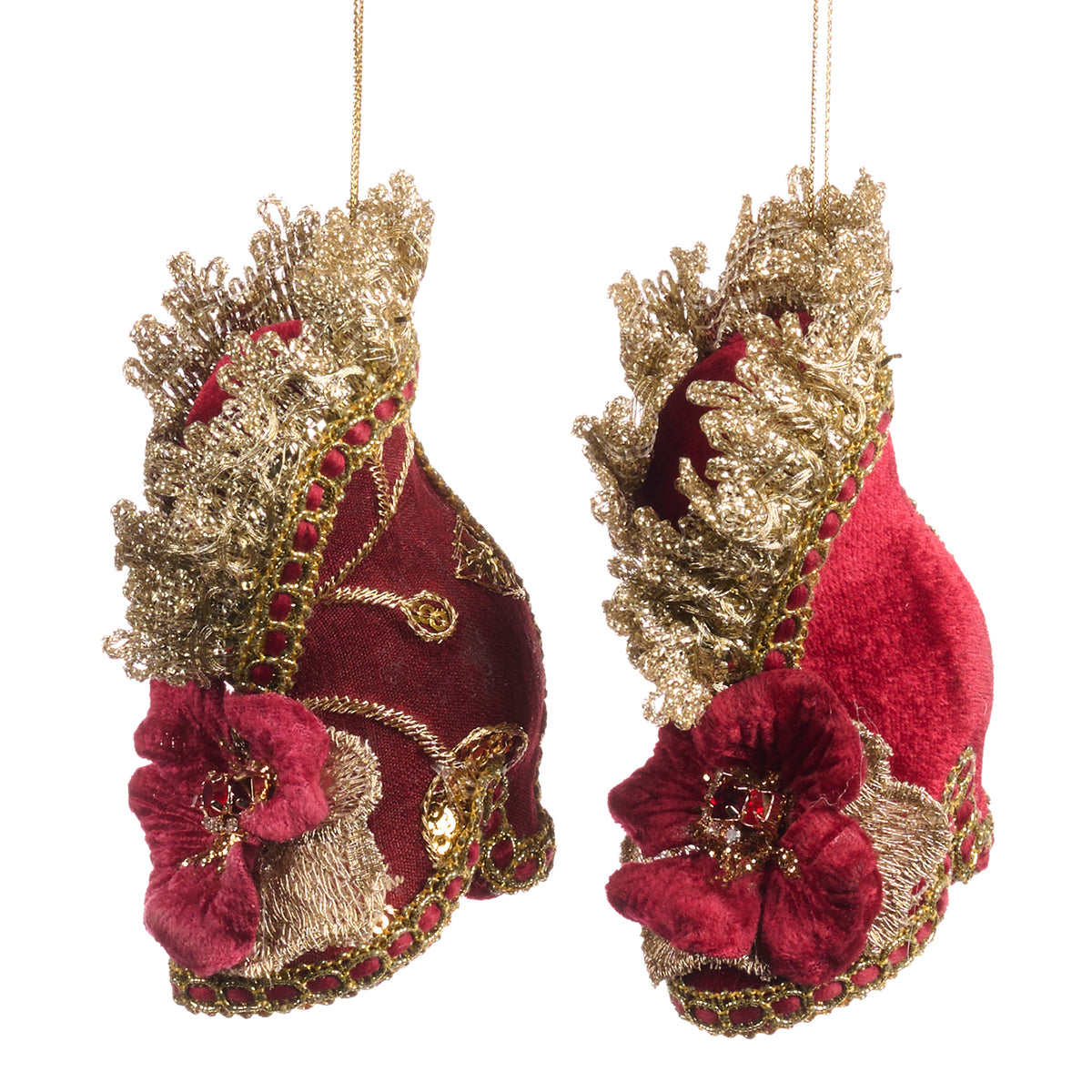Set 2 ornamente pantofi victorieni din brocart, burgund/auriu, 9 cm