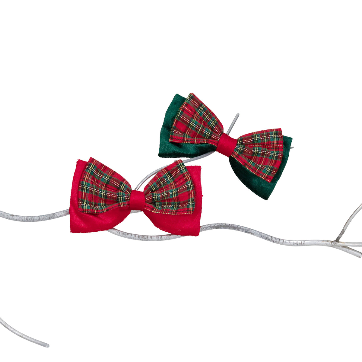 Set 2 ornamente papion din catifea tartan, roșu/verde, 14 cm
