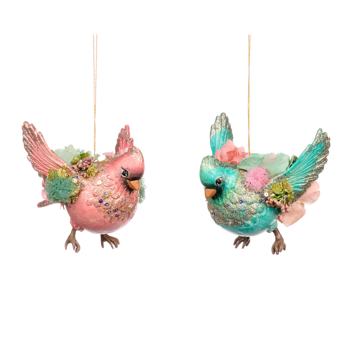 Set 2 ornamente păsărele rotunjele, roz/verde, 11 cm