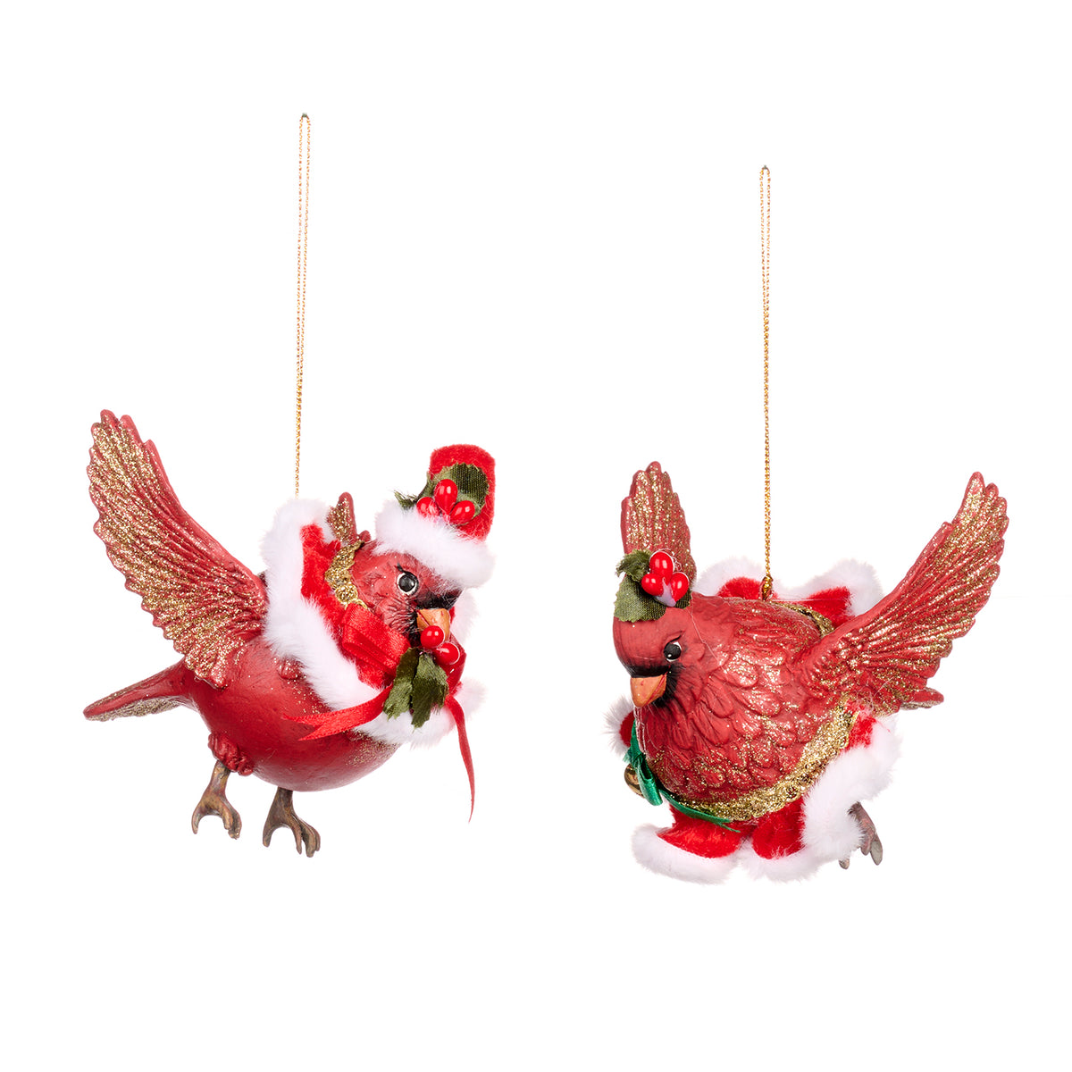 Set 2 ornamente păsări cardinal rotunjele, roșu, 11 cm
