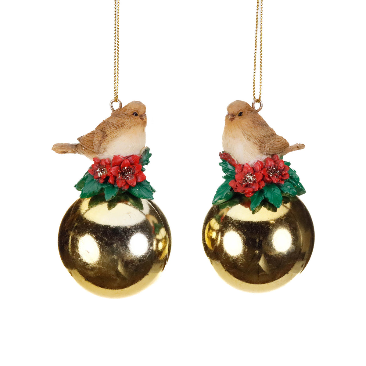 Set 2 ornamente păsări de Crăciun pe glob, maro/auriu, 7,5 cm