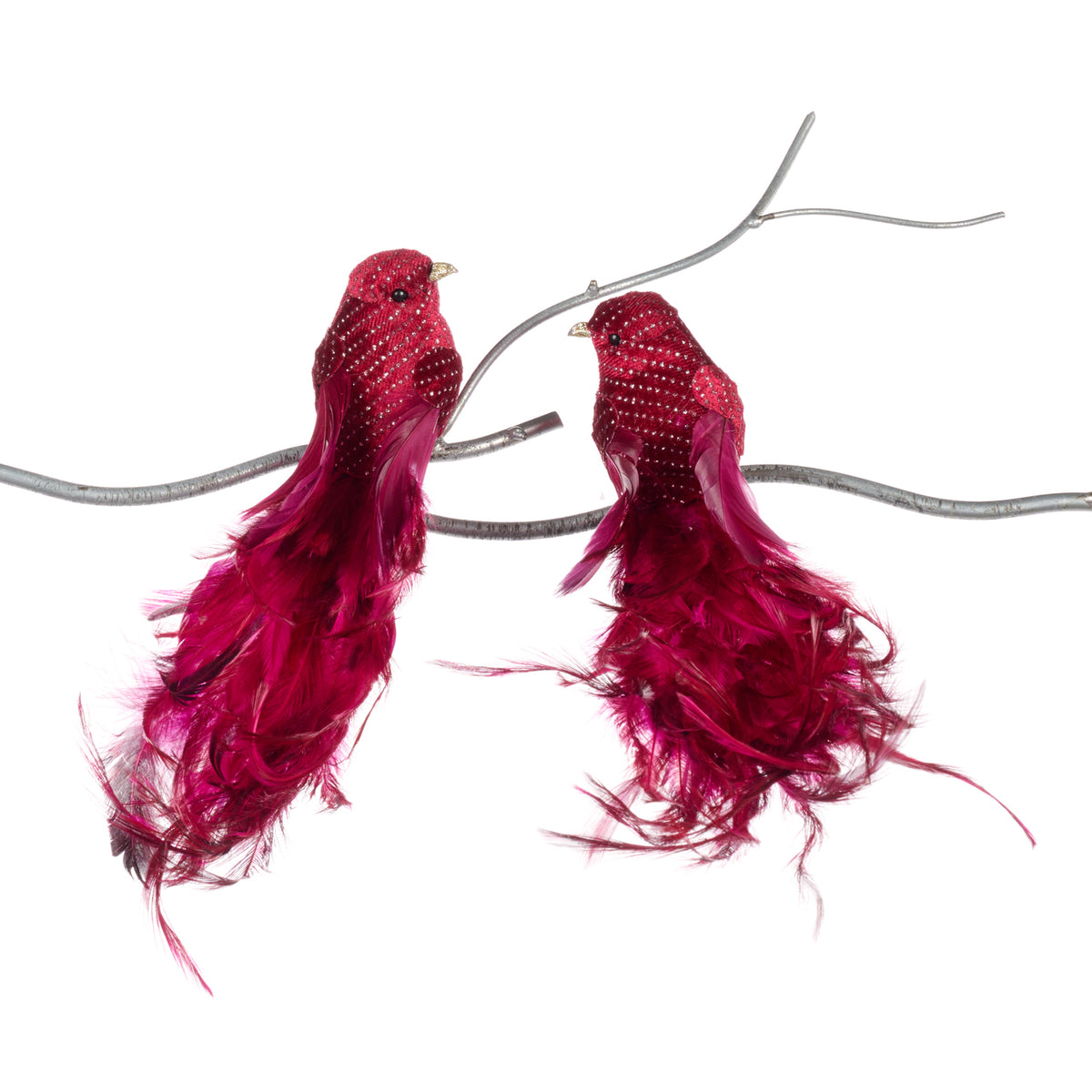 Set 2 ornamente păsări din pene și textil pe clemă, burgund/mov, 23 cm