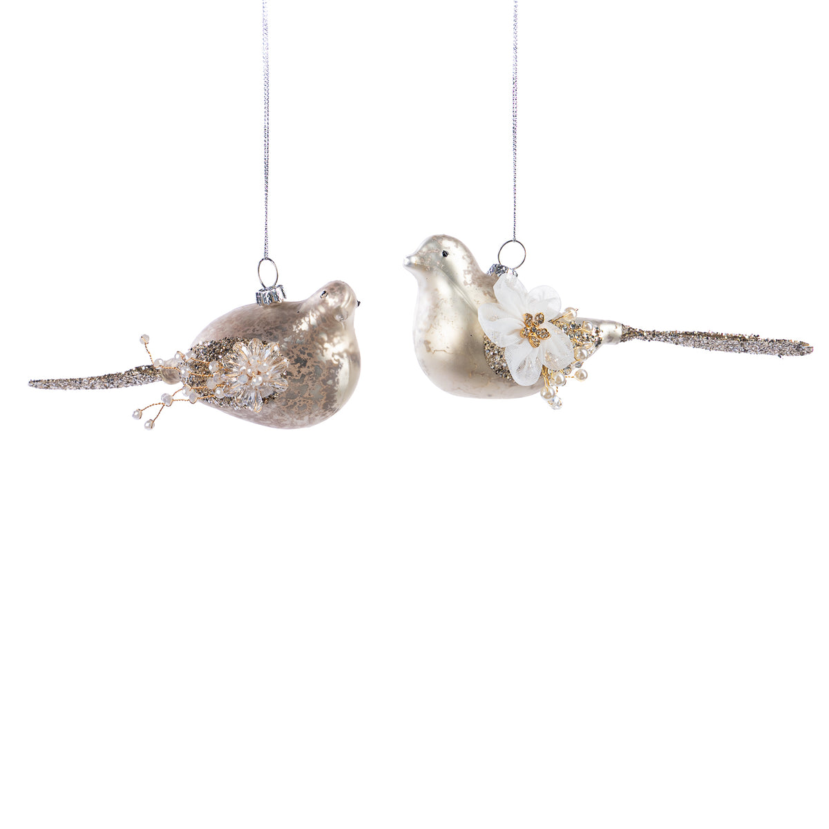 Set 2 ornamente păsări din sticlă antichizată cu flori 3D, crem/șampanie, 17 cm