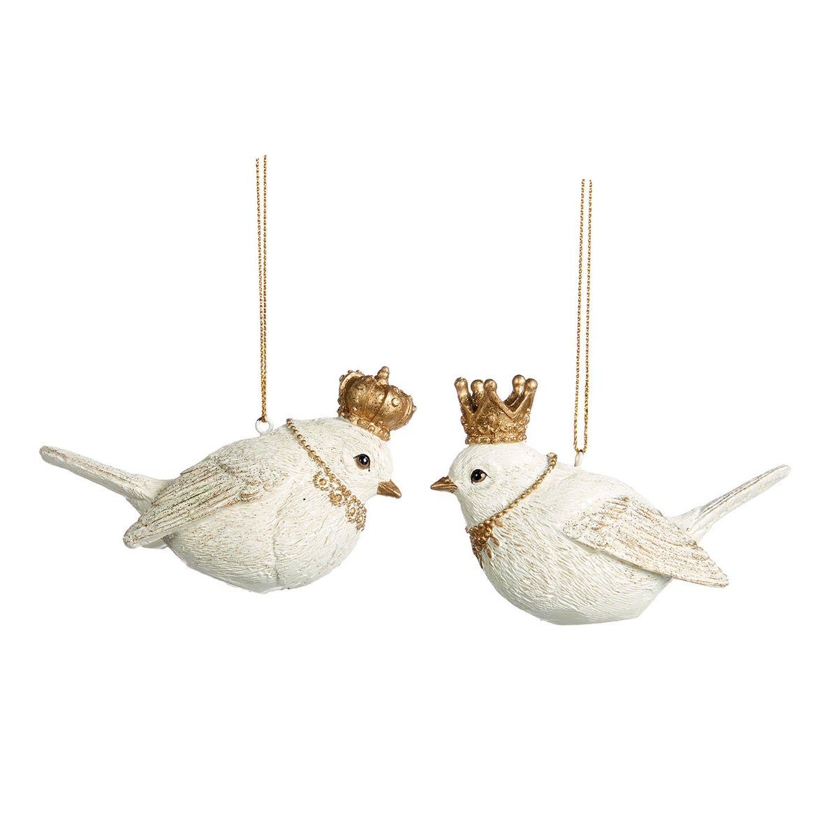 Set 2 ornamente păsări regale cu coroană, crem/auriu, 7 cm