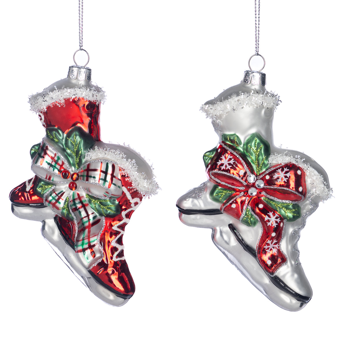 Set 2 ornamente patine de Crăciun din sticlă, cu fundă, alb/roșu, 13 cm