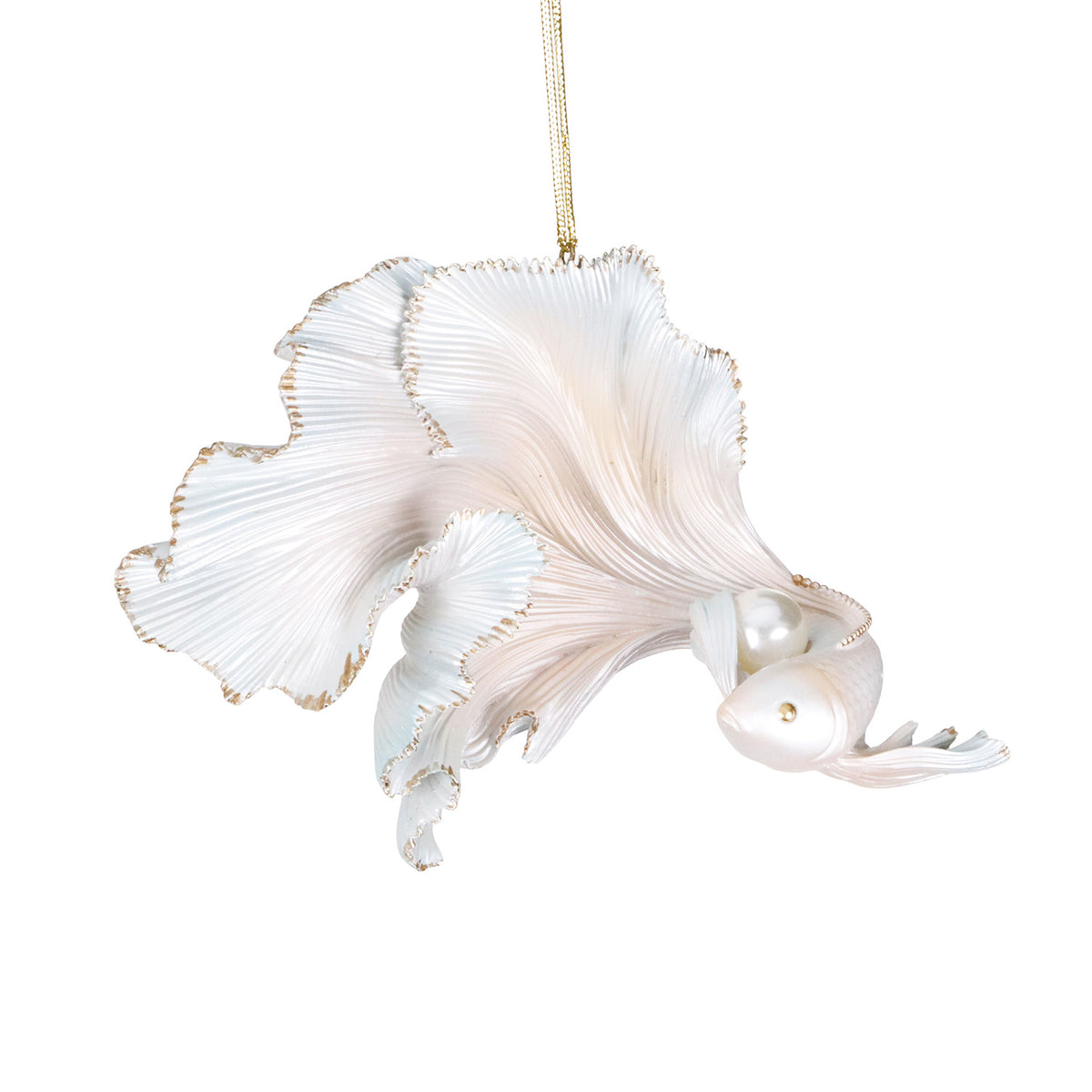 Set 2 ornamente pește cu coadă evantai, crem/auriu, 20 cm