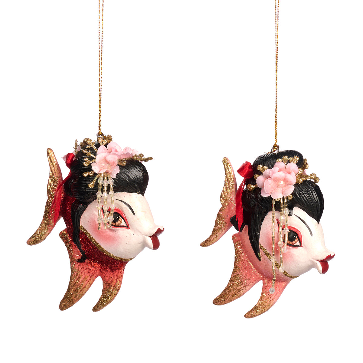 Set 2 ornamente pește-înger gheișă, roșu/negru, 12 cm